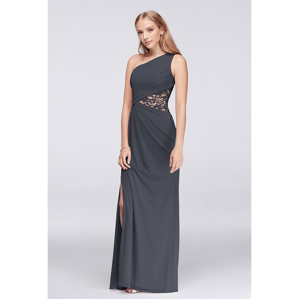 David’s Bridal Pewter Gray One-Shoulder Mesh Dress